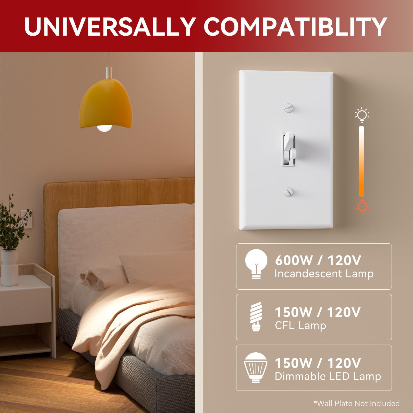 Toggle Slide Dimmer Switch For Dimmable Led Light/cfl/incandescent 600 Watt Max
