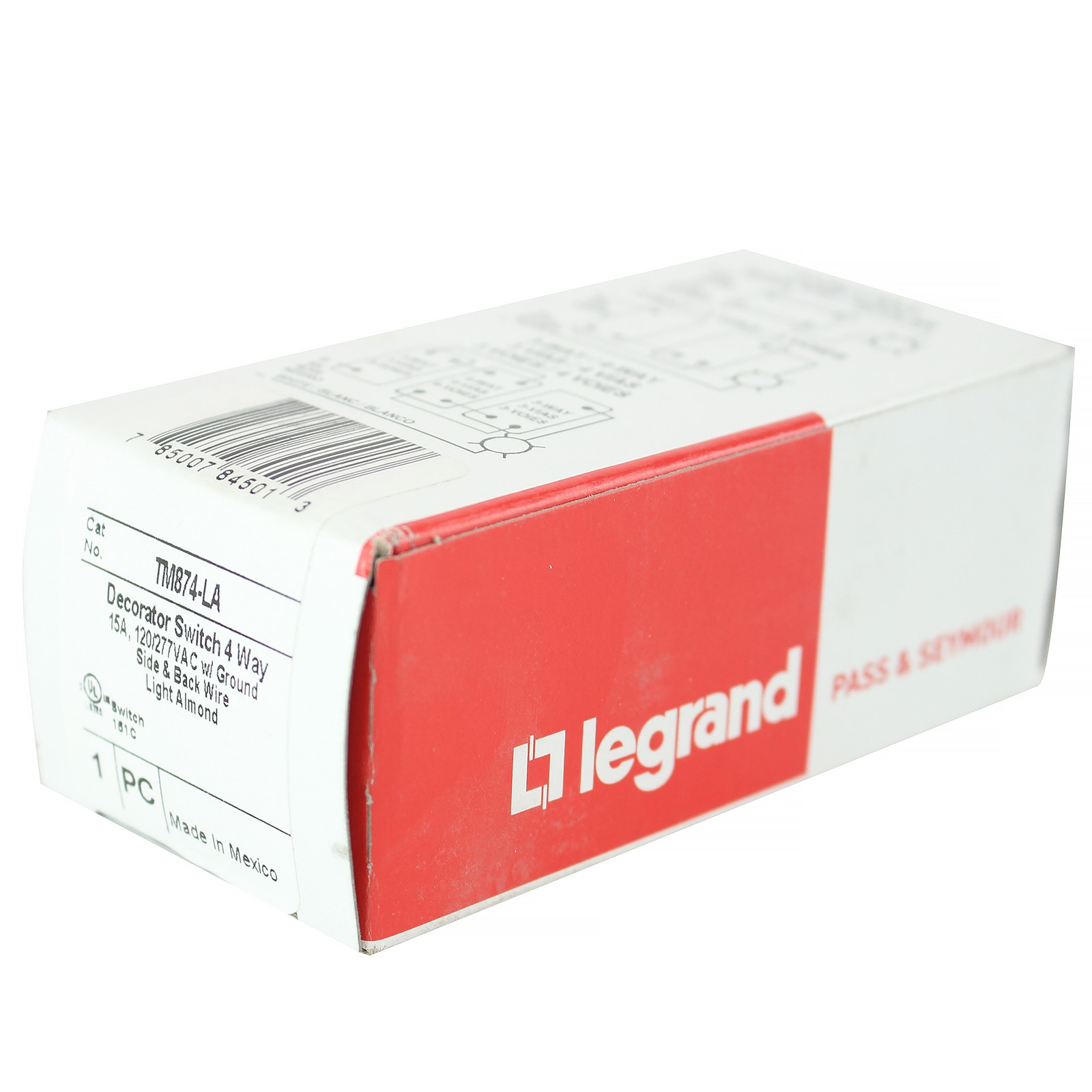 PASS & SEYMOUR TM874-LA TRADEMASTER 4-WAY DECORA SWITCH 15A 120/277V LT ALMOND