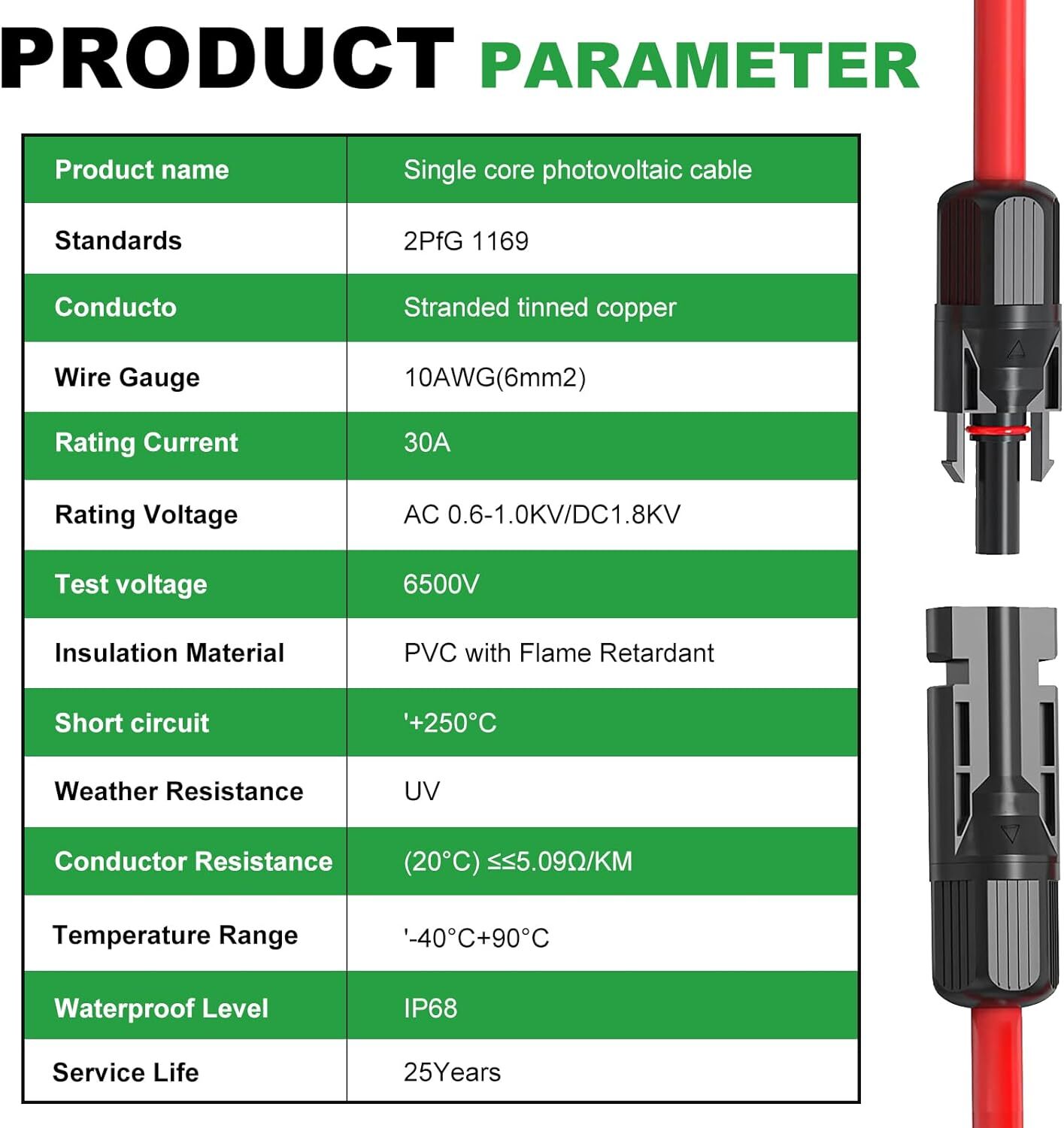 10 AWG Solar Panel Extension Cable PV Wire Solar Connector Pair Black & Red 6mm²