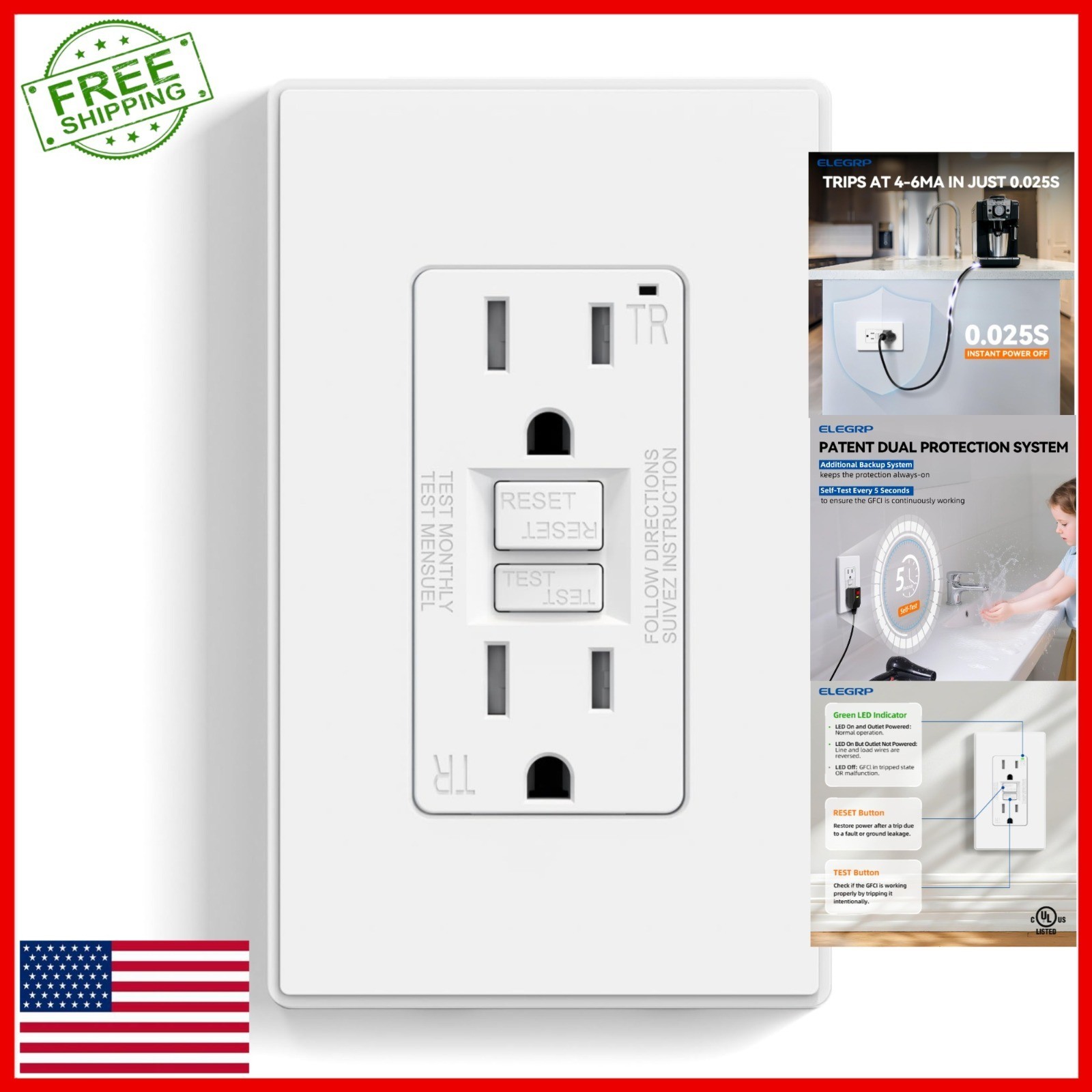 ELEGRP GFCI Outlet 15 Amp, Self-Test GFI Electrical Outlet, Matte White