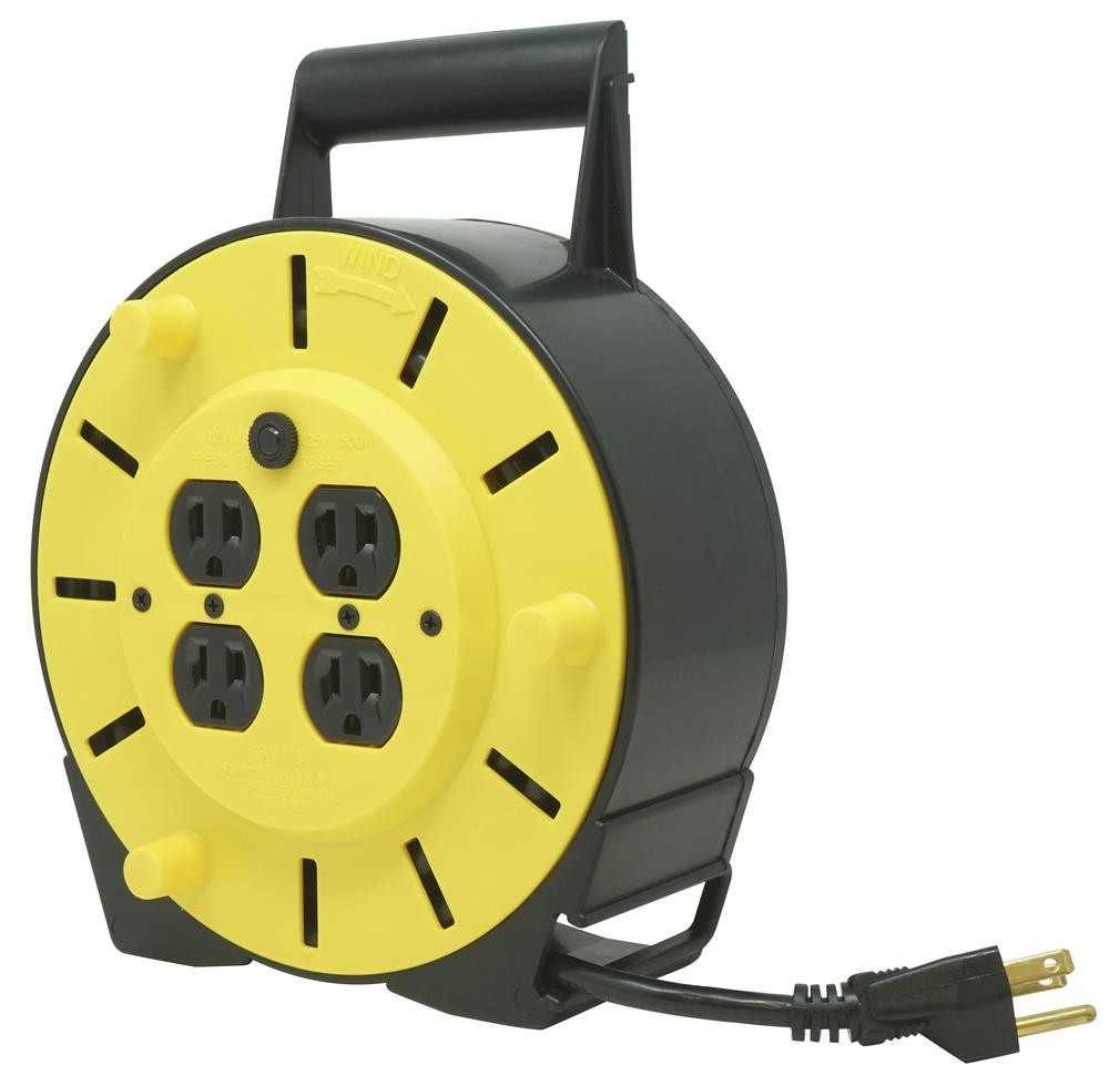 25′ 16/3 4 Outlets Manual Rewind Quad Outlet Extension Cord Reel Power Cable