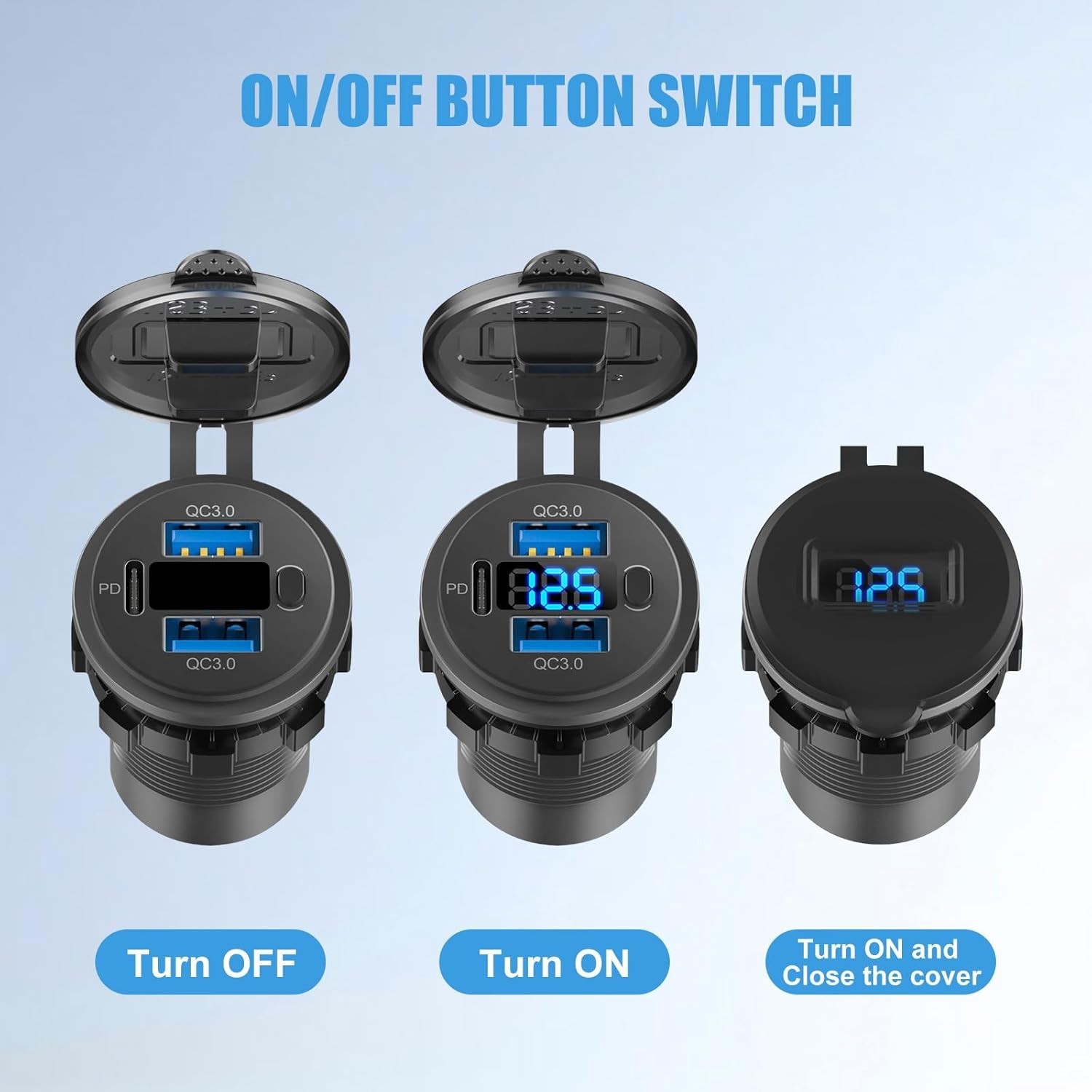 12V USB Outlet Dual QC 3.0 PD3.0 Car Charger Waterproof Volt Meter Switch