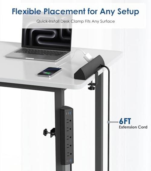 Desk Clamp Power Strip USB C,40W Total 5 Outlets & 6 USB Ports – 40W Black