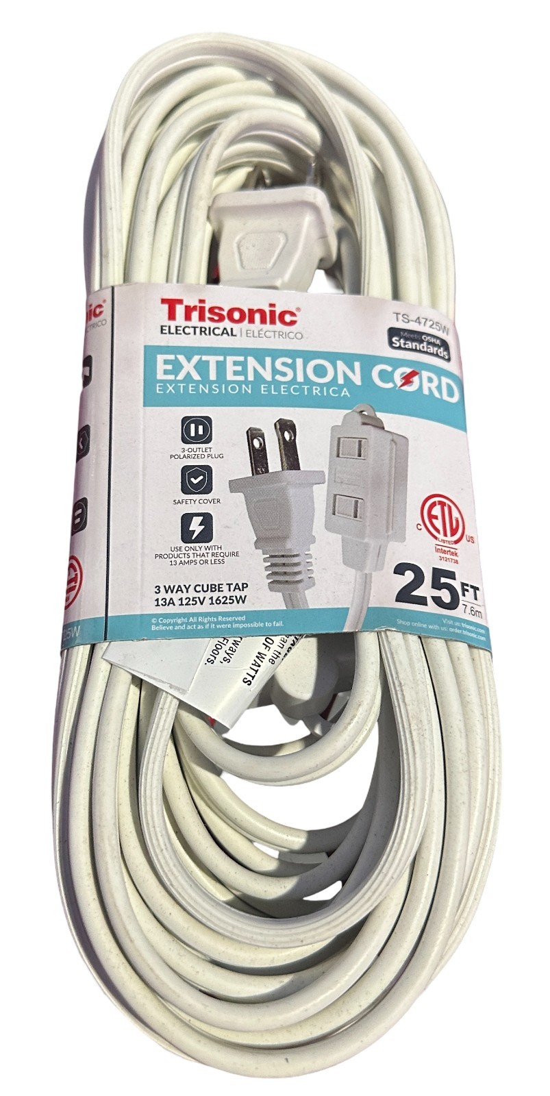 Extension Cord 6,12,20 or 25 FOOT 13 Amp 3 Way Cube Tap White