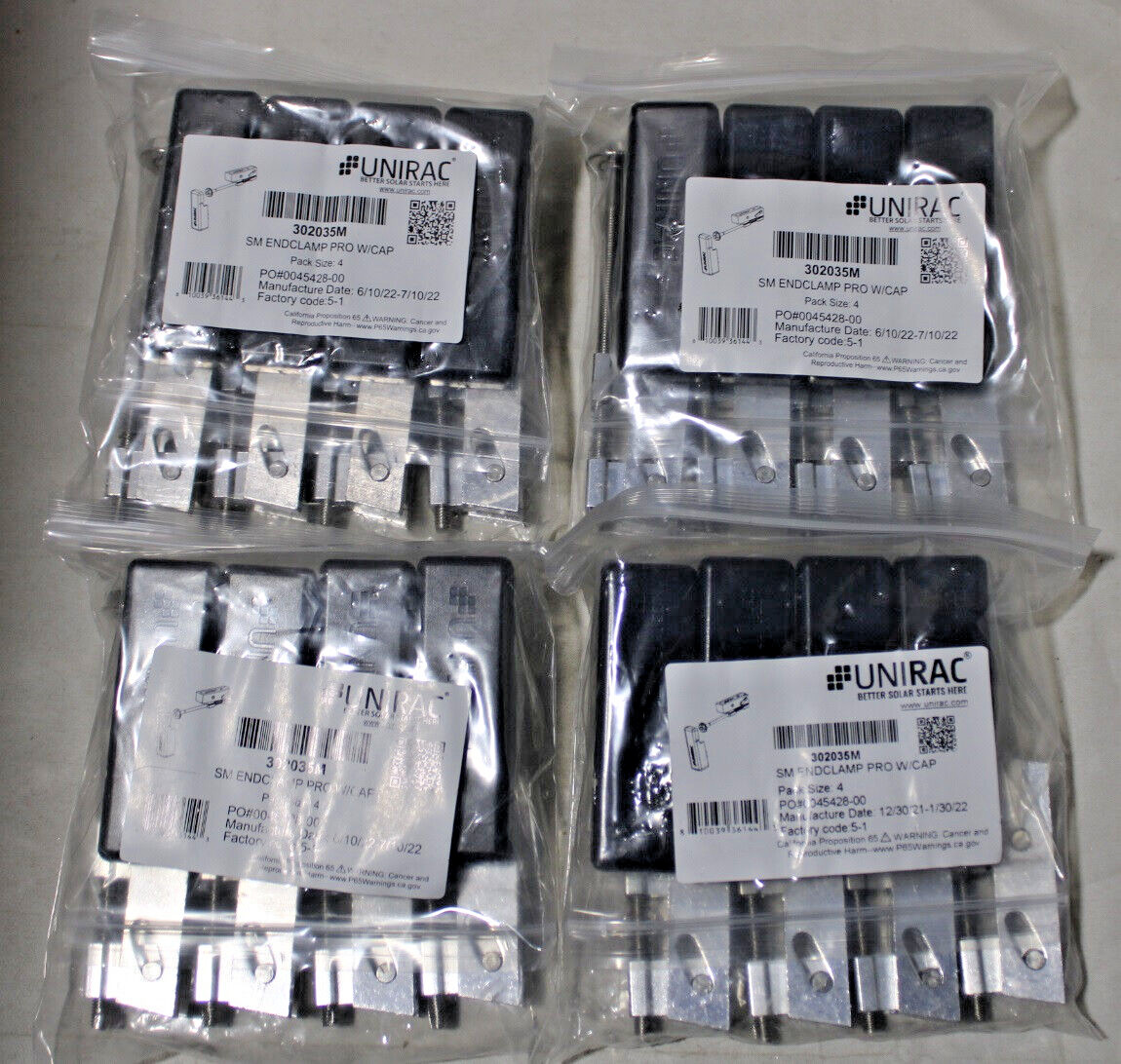 Lot of 4 packs Unirac SOLAR 302035M w/End clamp SM Pro cap 16 total NEW