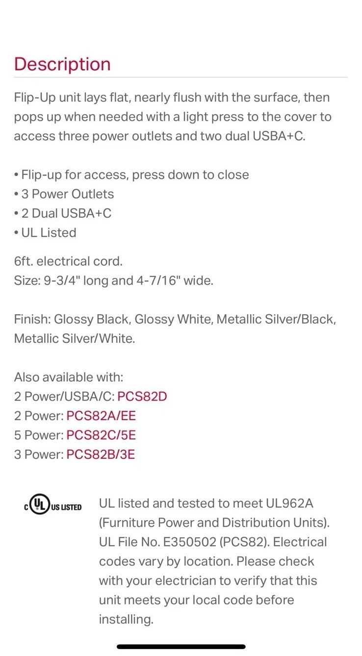 Mockett PCS82CUC2-95G Power/data Center White