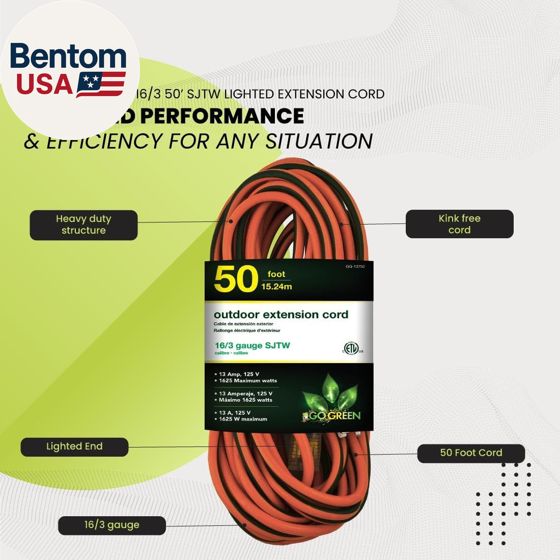 Go Green Power Inc. 16/3 50-Foot Outdoor Extension Cord – Heavy-Duty, Weatherpro