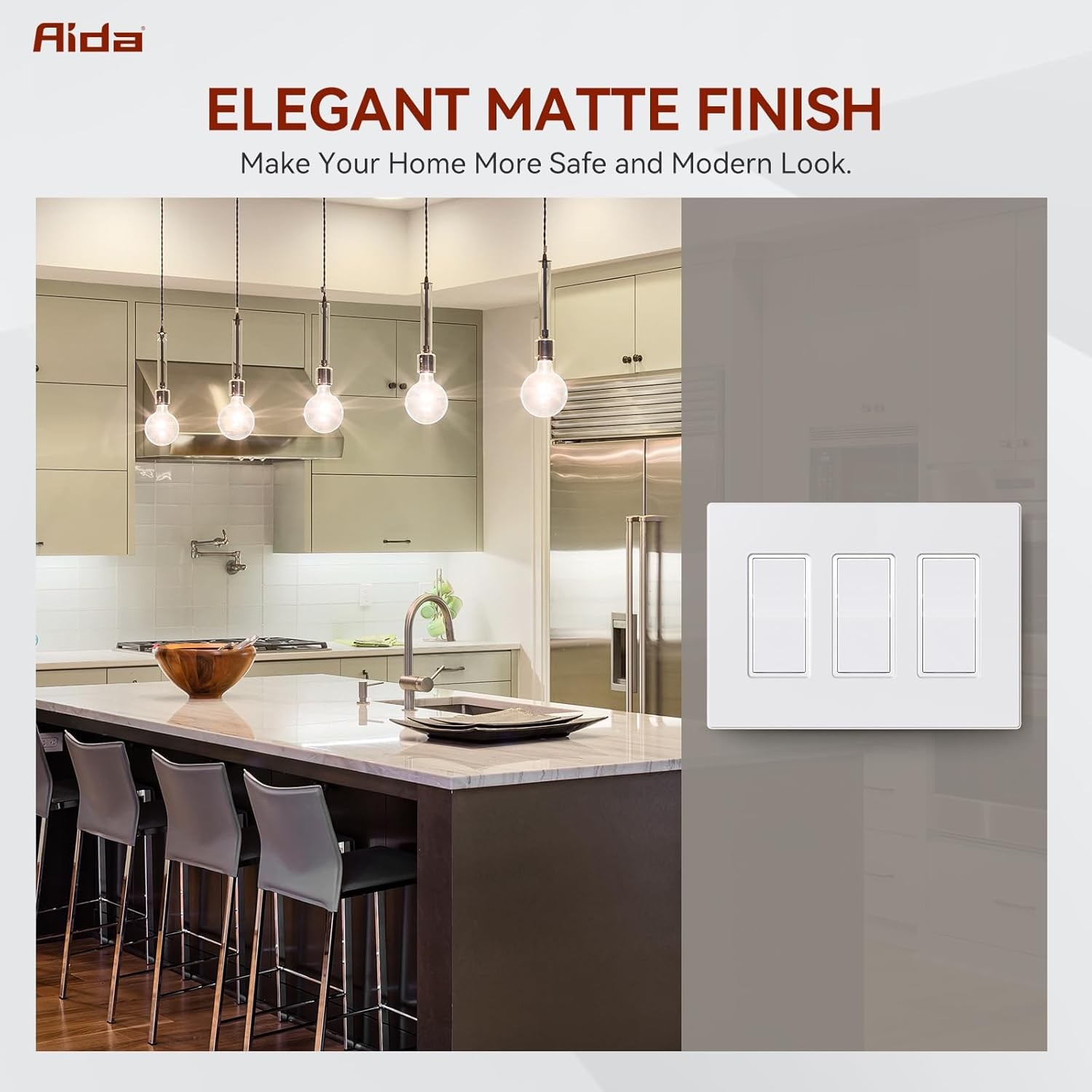 AIDA 3-Gang Screwless Decorative Wall Plates, Screwless, 1 Pack, Matte White