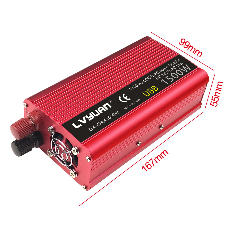 600W 1500W Power Inverter 12V DC to 110V AC Car Converter with 3.1A USB Port Red