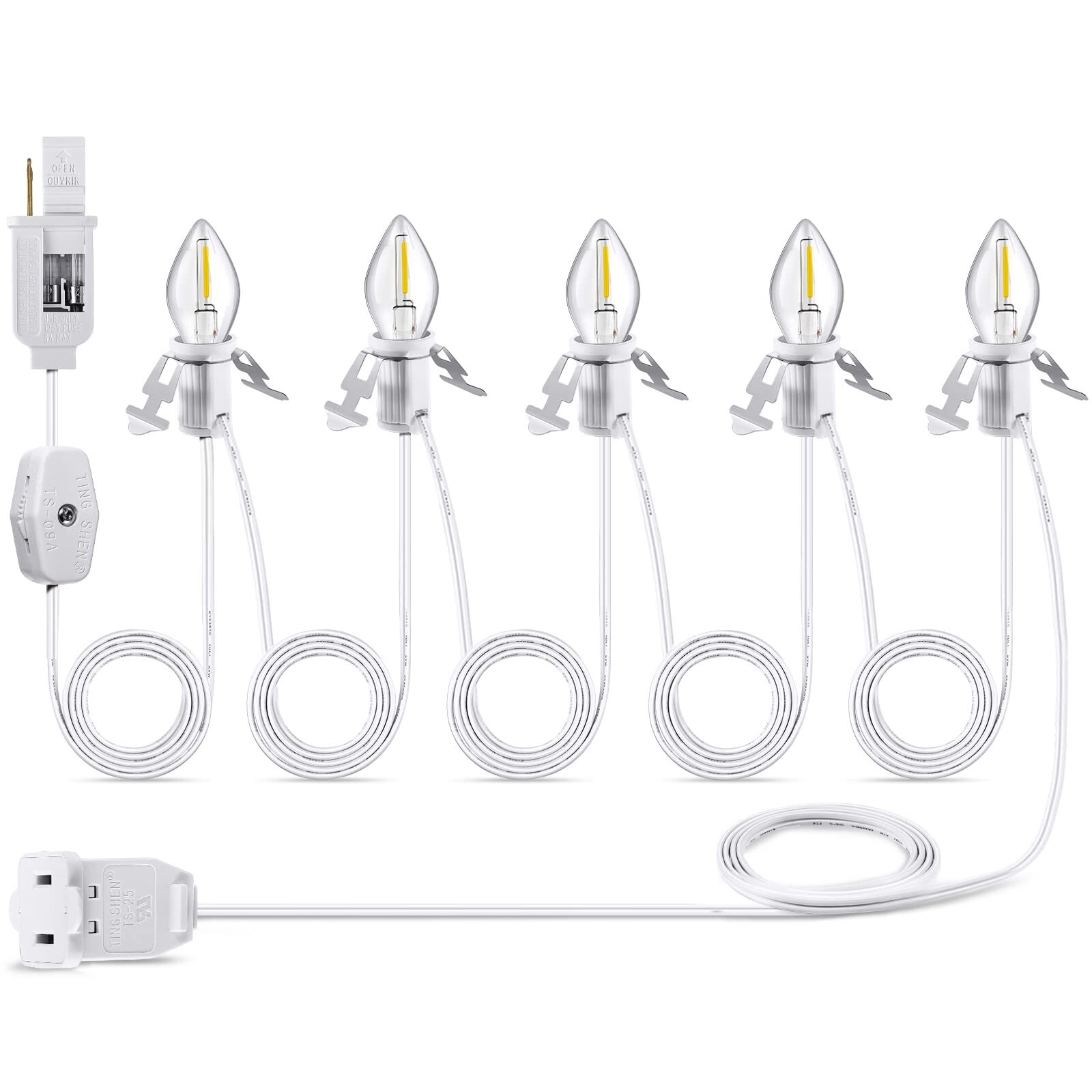 Christmas Accessory Cord With 5 Led Light Bulbs 11.5 Feet White C7 Lamp On/off S