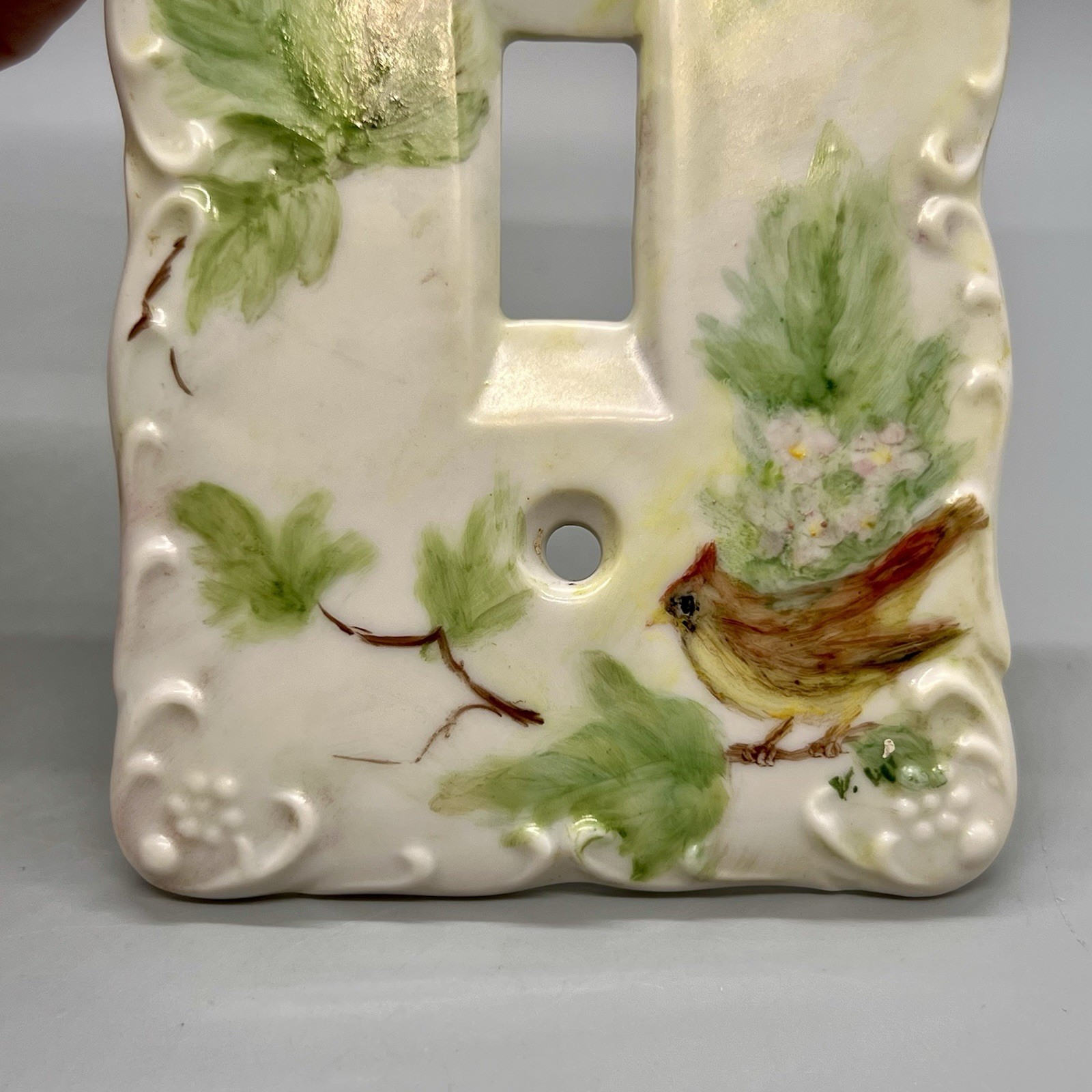 Vintage Porcelain Single Light Switch Plate Hand Painted Florals Cardinal Birds