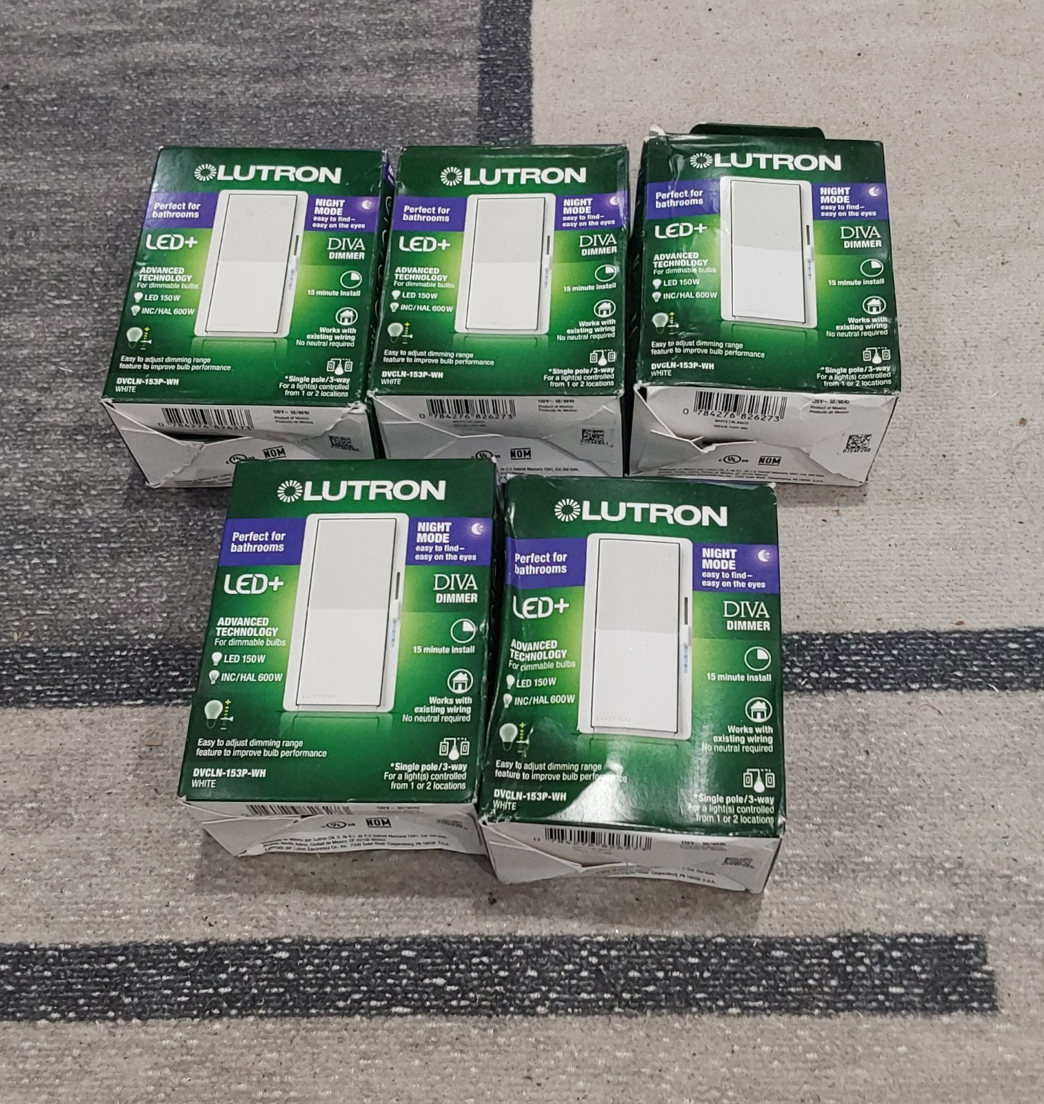 Lutron Diva LED+ Dimmer Switch with NIGHT MODE DVCLN-153P-WH, LOT OF 5 NEW H2