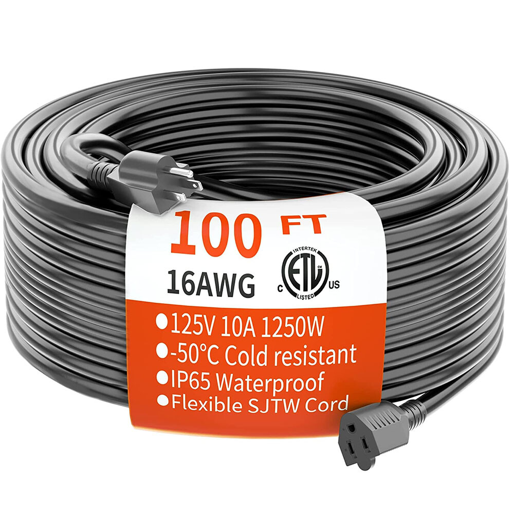6/8/10/15/20/50/100 FT 16/3 Gauge Black Indoor Outdoor Extension Cord Waterproof