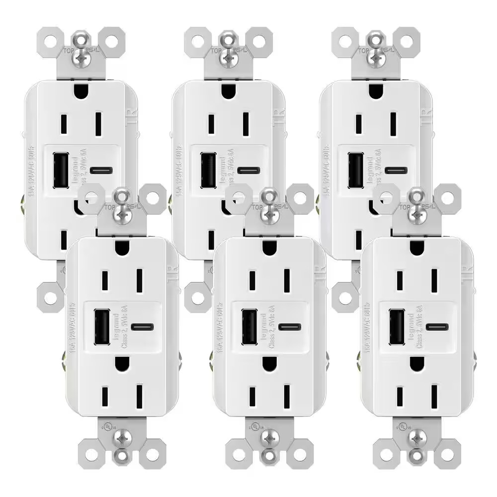 Radiant 15 Amp 125-Volt Decorator Duplex Outlet with 6.0 Amp Type A/C USB, White