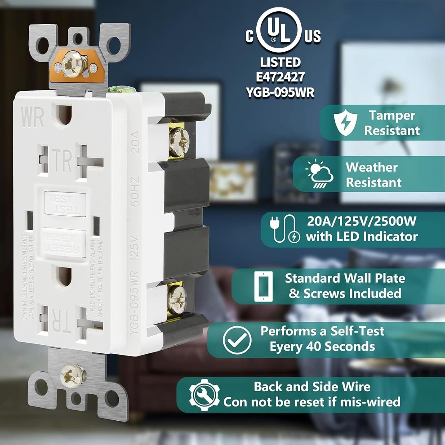Listed GFCI Outlet 20 Amp with LED Indicator – Tamper-Resistant for Safety