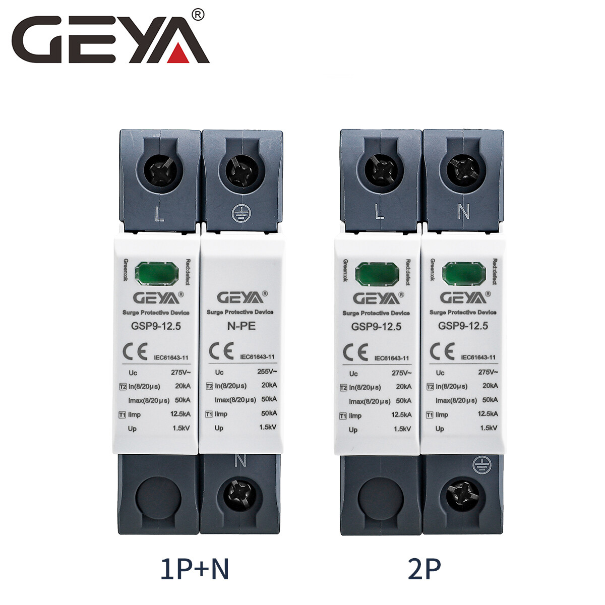 GEYA SPD 2P 1P+NPE AC275V Surge Protector Arrester 12.5KA T1+T2 50KA Lighting