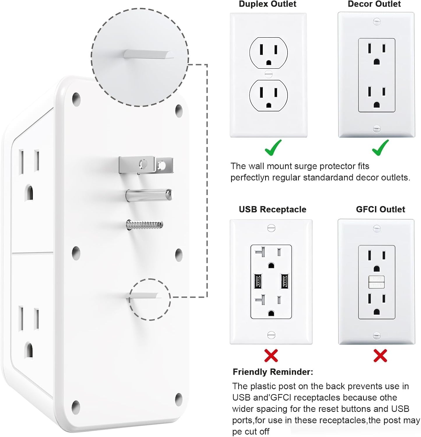 Wall Outlet Extender with Night Light, Power Plug Adapter 6 Outlet Extender with