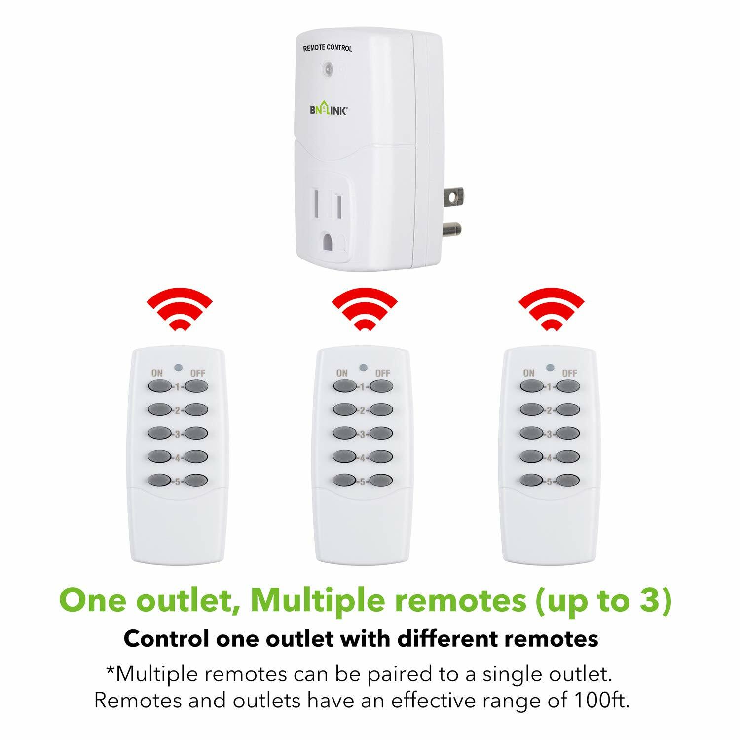 BN-LINK Indoor Wireless Remote Control Outlet Plug in with 2 Remotes +5 Sockets