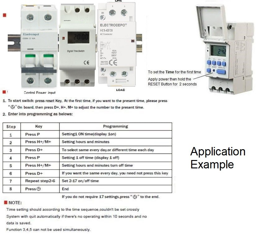 2 Pole Time Switch 220VAC, 7 Day 24 Hr Timer 50A, 30A, 40A Lights, LED Pump DIN