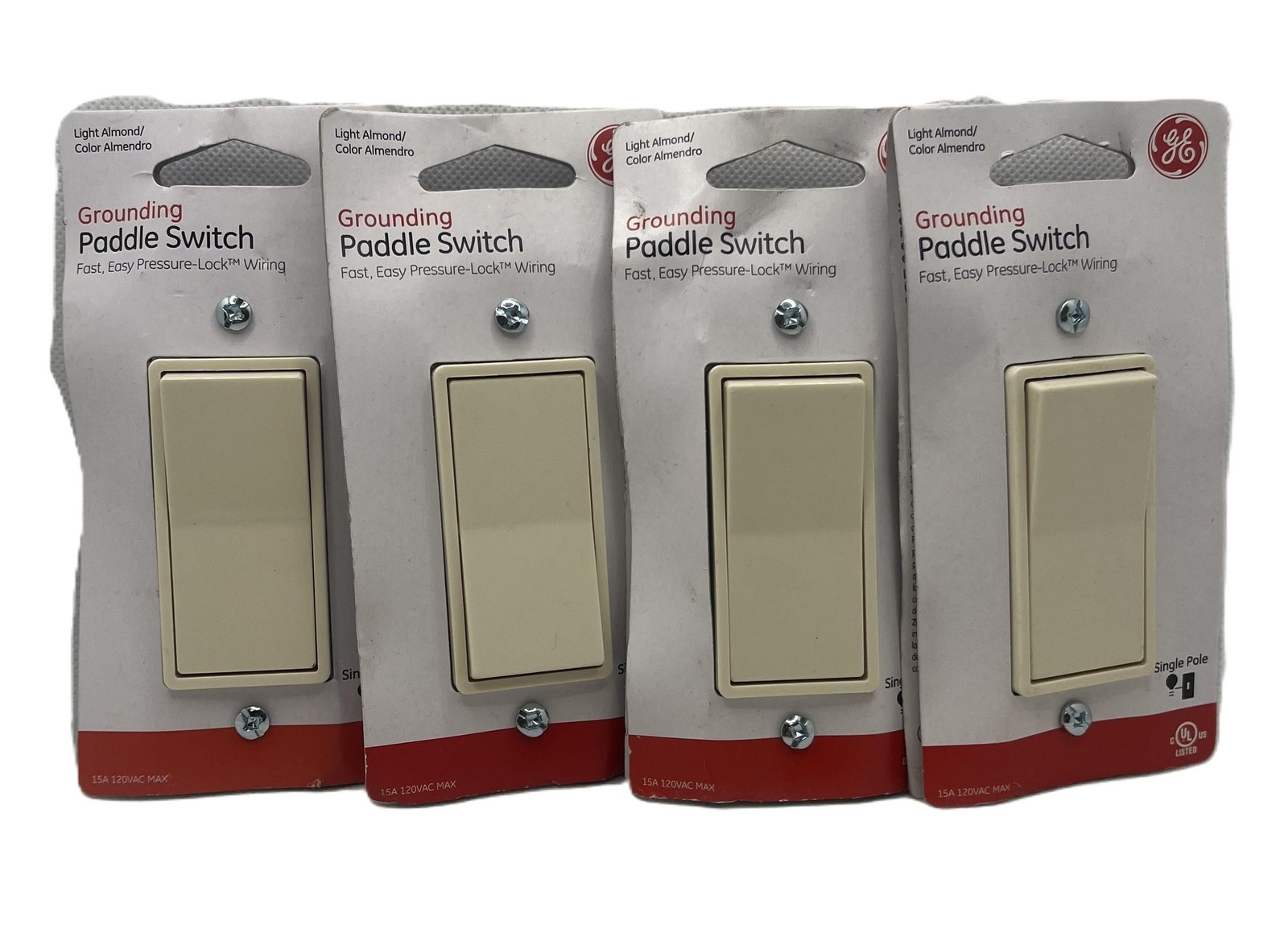 4 Pack GE 3-Way Paddle Rocker Light Switch Grounded UL Listed Light Almond
