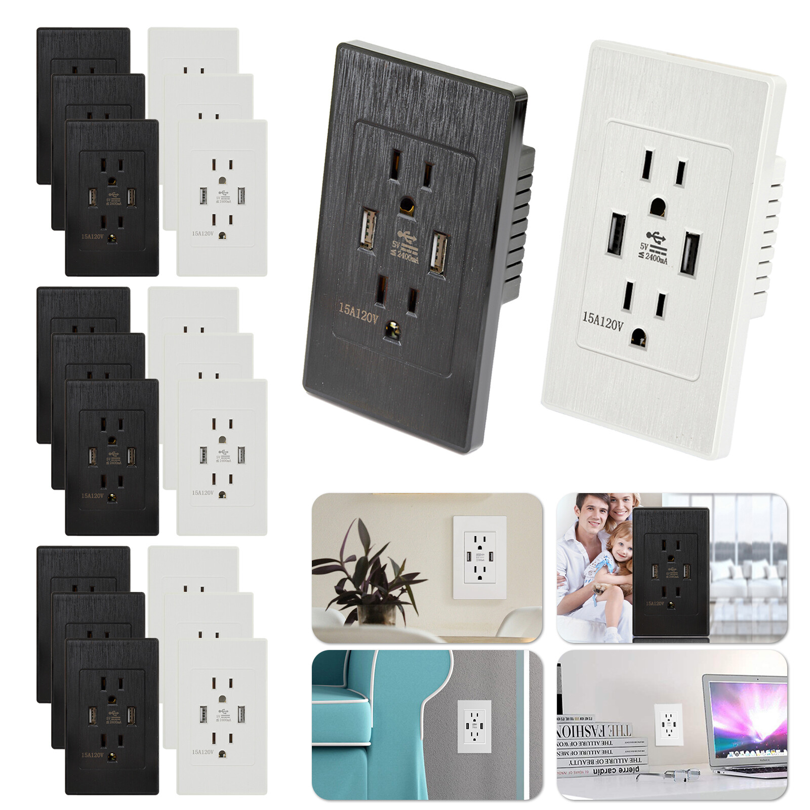 Dual USB Port Wall Socket Charger 15A AC Power Receptacle Outlet Plate Panel Lot