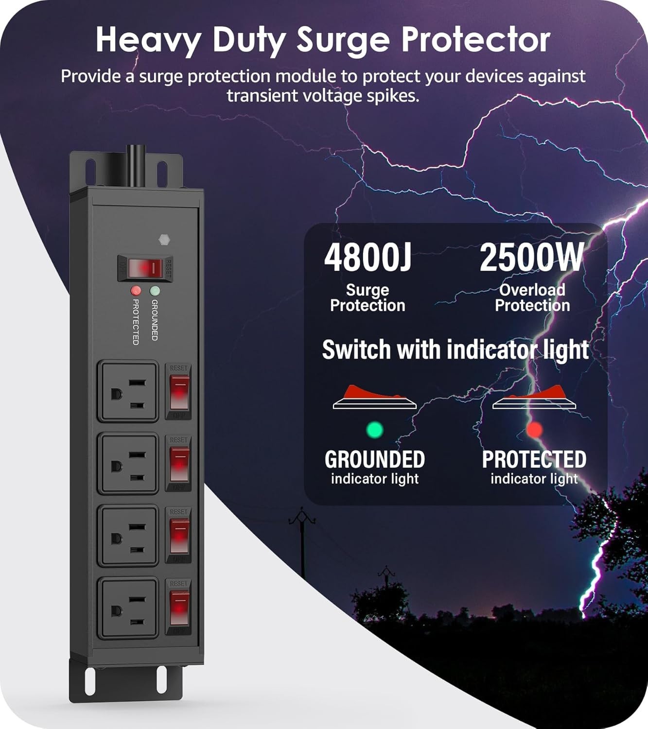 Industrial Grade Power Strip with 20A Switches & 4800J Surge Protection, Black