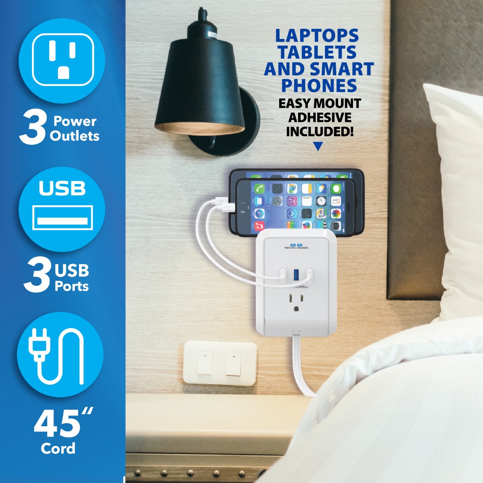 Bell + Howell Power Pro Outlet Extender–3 AC Outlets,3 USB Ports,4 ft Ext. cord