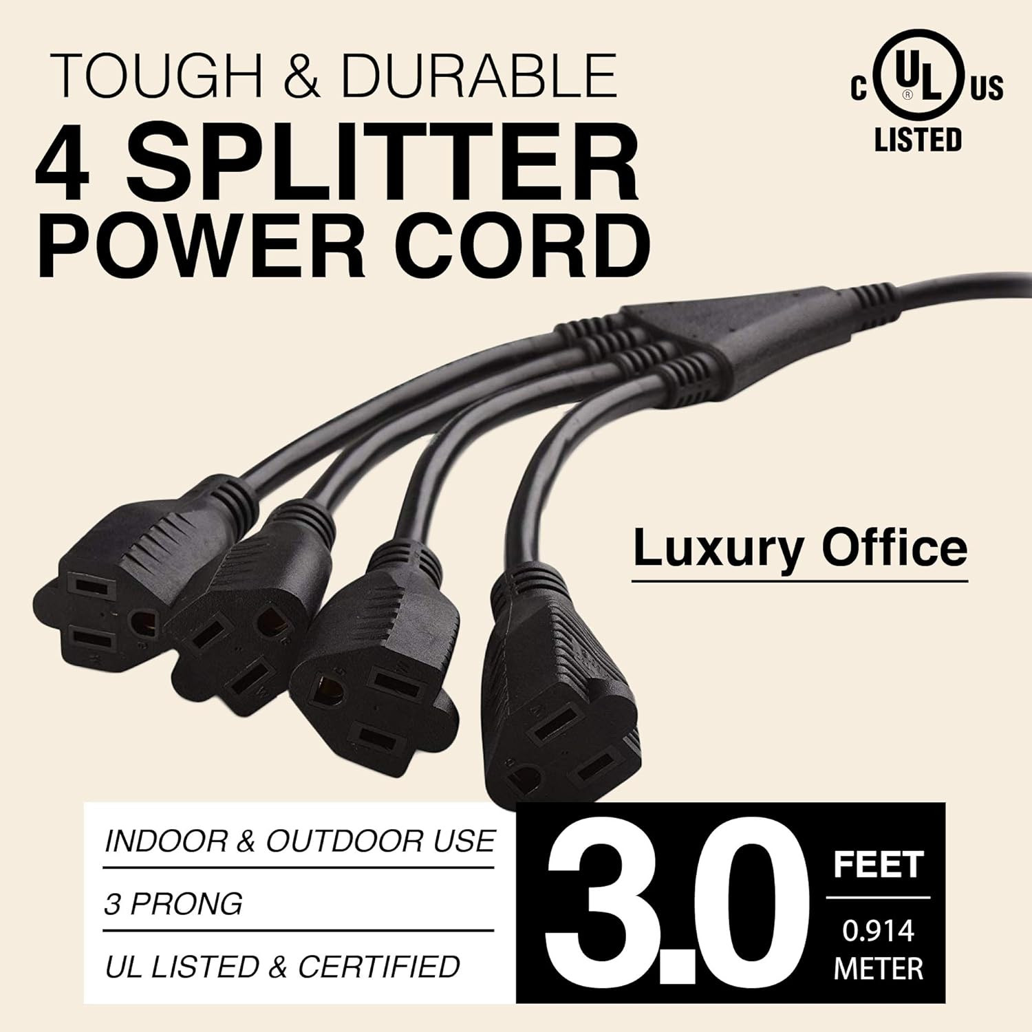 4 Way Power Splitter – 1 to 4 Cable Strip with 3 Pronged Outlet and 3 Foot Y…