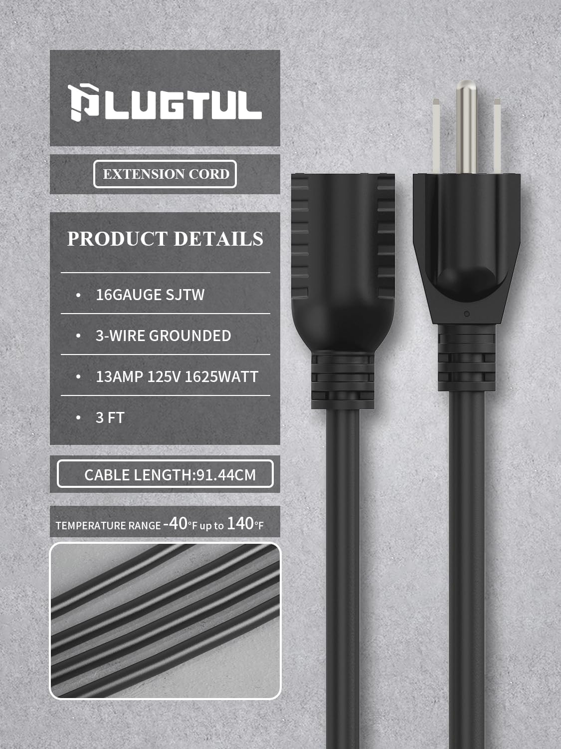 3 FT Extension Cord, Short Power Cord, Black Indoor/Outdoor 16 Gauge 3 Prong Gro