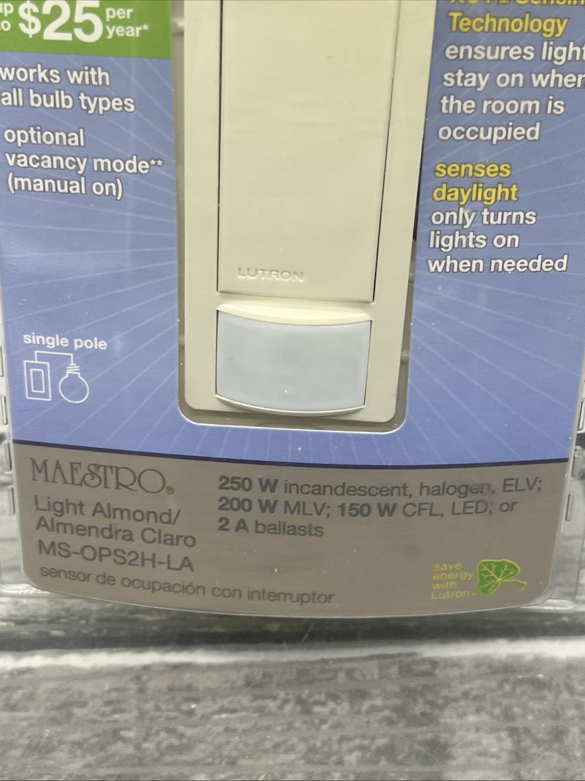Lutron Maestro Occupancy Sensor Switch, Light Almond. MS-OPS2H-LA. {15}.