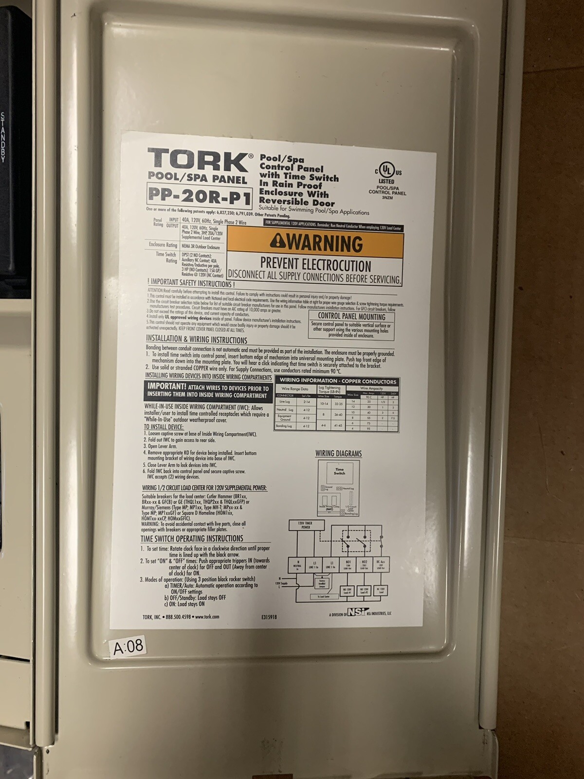 TORK NSI POOL SPA LIGHTING TIMER POWER SUB ELECTRICAL PANEL PP-20R-P1 NIB!