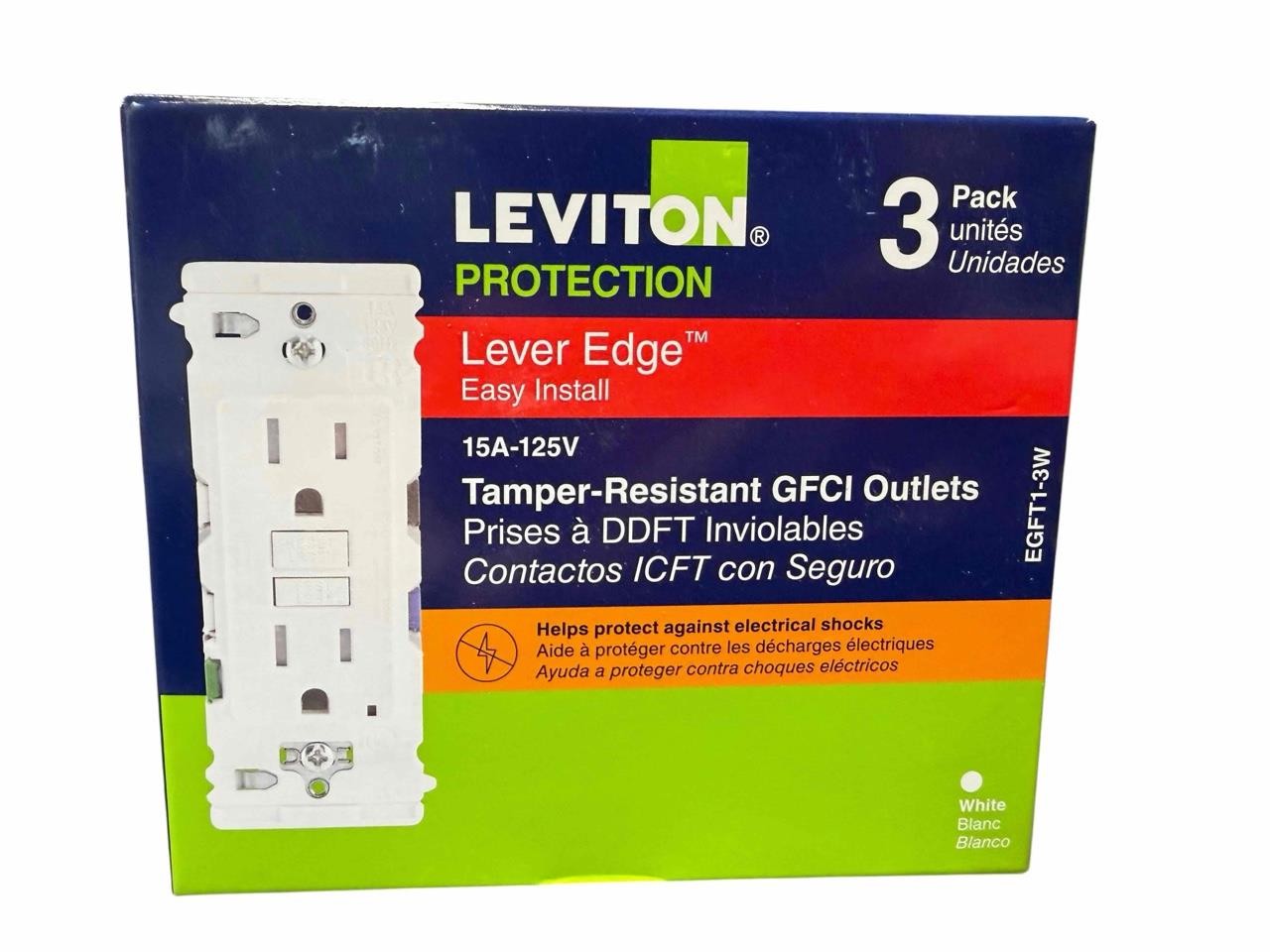 3 Pack Leviton EGFT1-3W 15A-125V GFCI Tamper Resistant Outlets Lever Edge White
