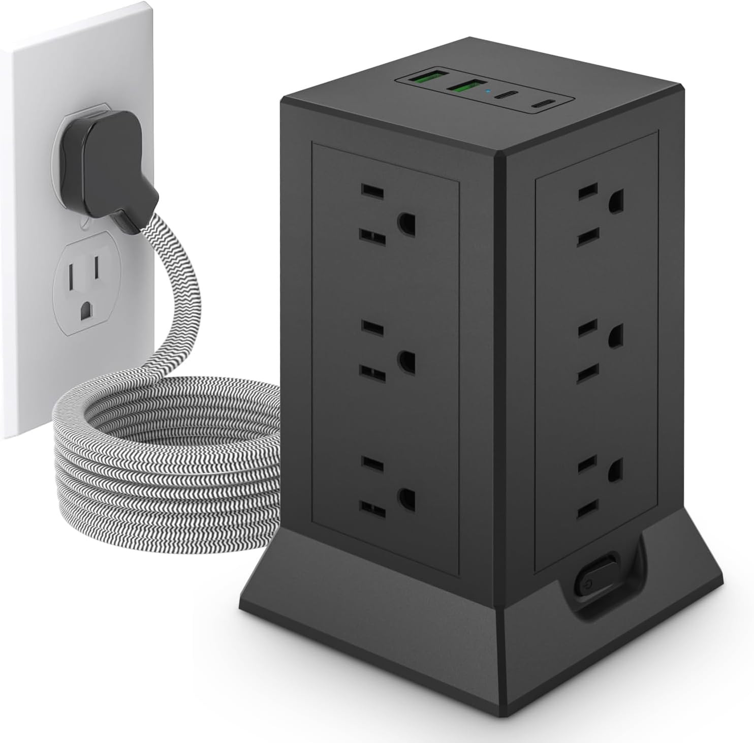 Power Strip Tower with Multiple Outlets, 10 Ft Extension Cord Flat Plug with 12