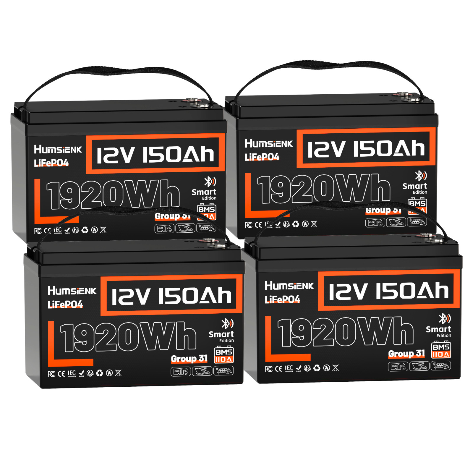4Pack 12V 150Ah LiFePO4 Lithium Battery Bluetooth 7680Wh Home Storage Backup