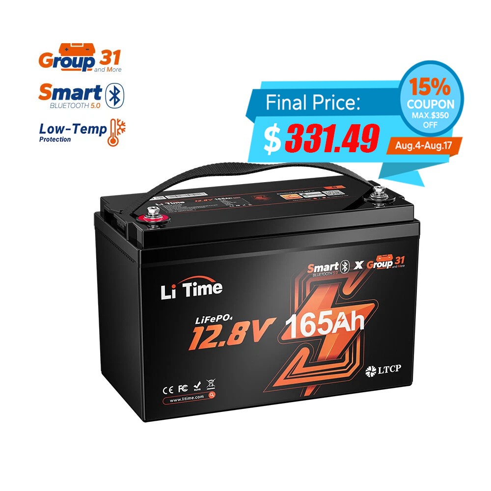 LiTime 12V 165Ah Bluetooth Group 31 LiFePO4 Lithium Battery For RV Solar Marine