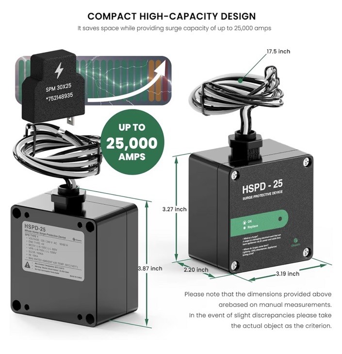HSPD Square Whole Home Surge Protective Device, Type 1 SPD, 120/240VAC (HSPD-25)