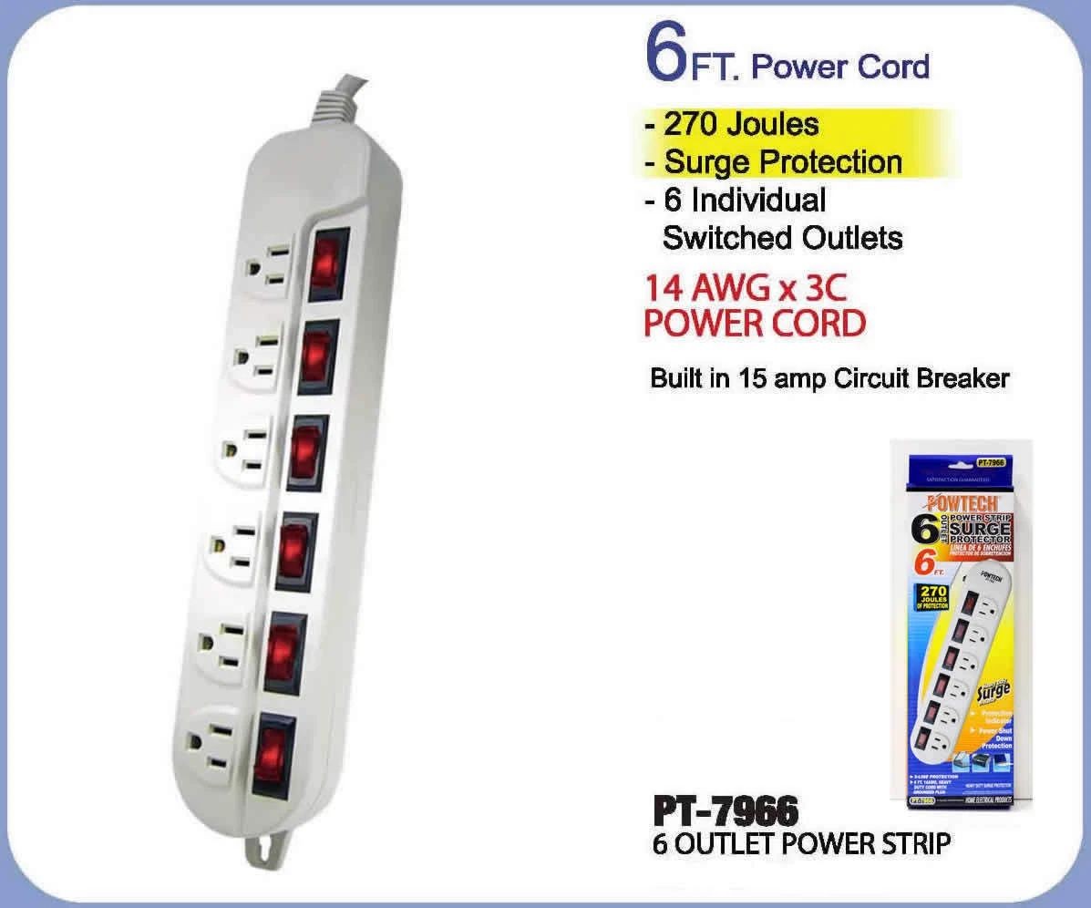 NEW* Powtech 6 Outlet 270 Joules Surge Protector Heavy Duty Bundle of 2