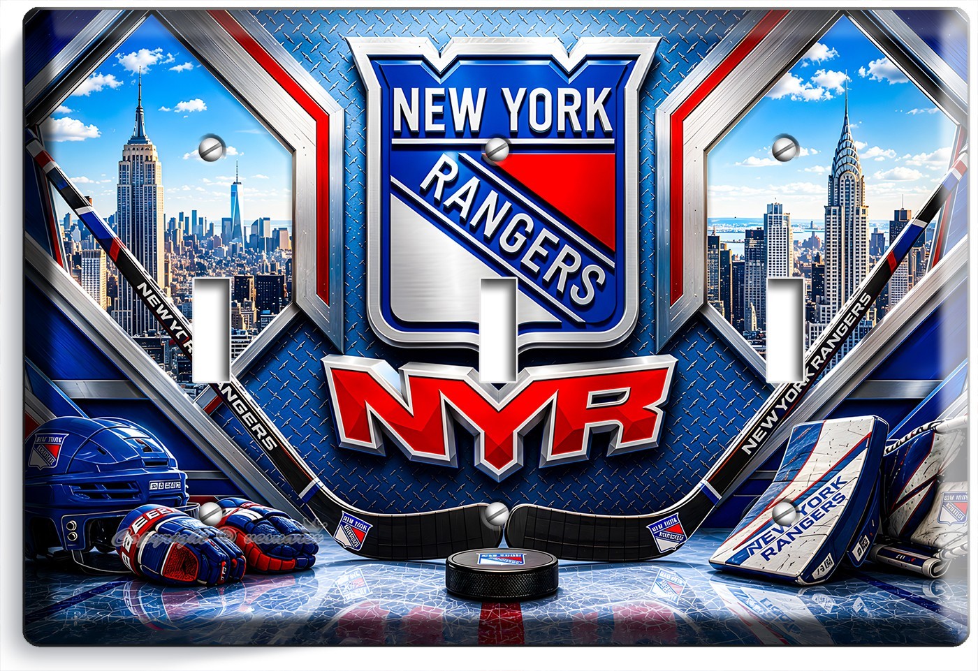 NEW YORK RANGERS HOCKEY TEAM SHIELD 3 GANG LIGHT SWITCH ICE SPORT ART WALL PLATE