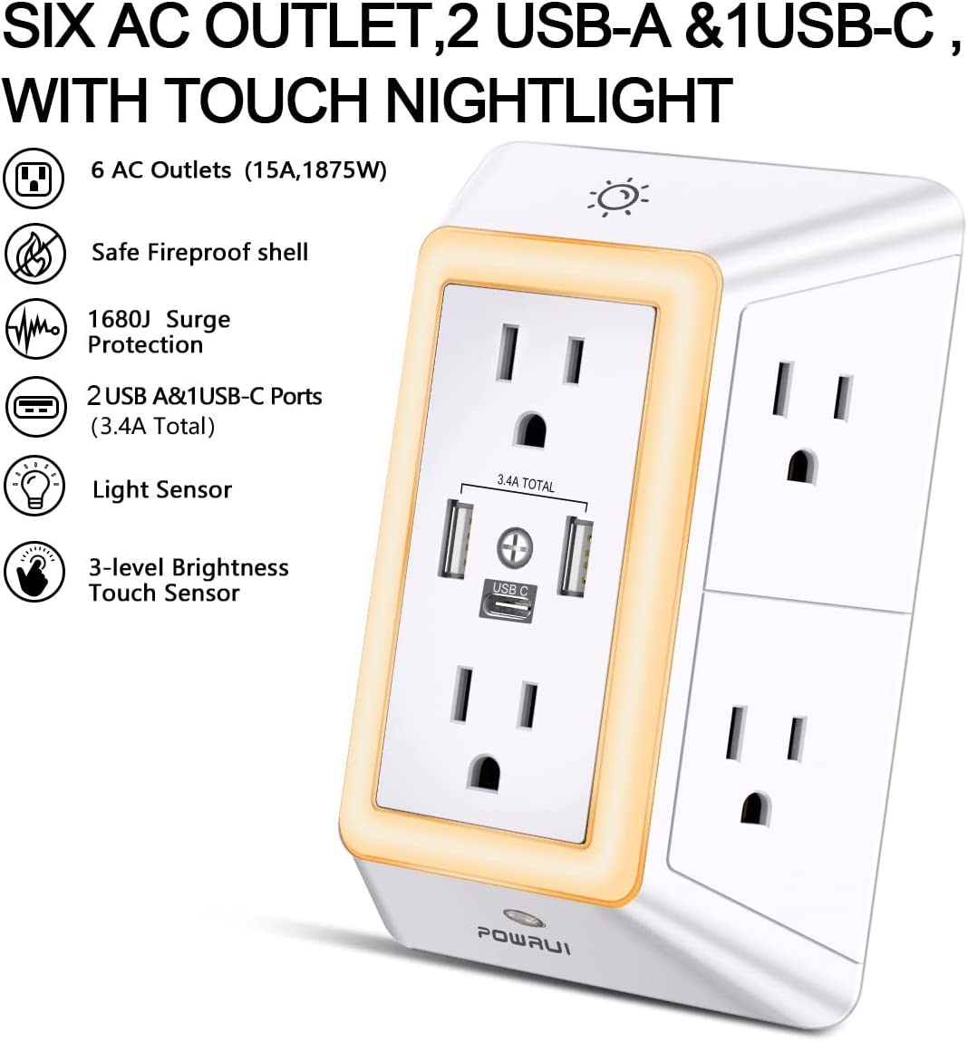 Multi Plug Outlet Surge Protector-6 Outlet Extender w/ 3 USB Ports & Night Light