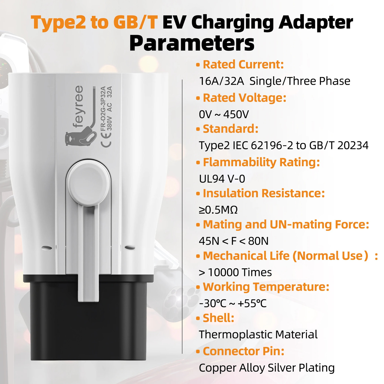 Feyree EV Charger Adapter Type2 to GB/T Converter 32A 22KW 3P for China Standard