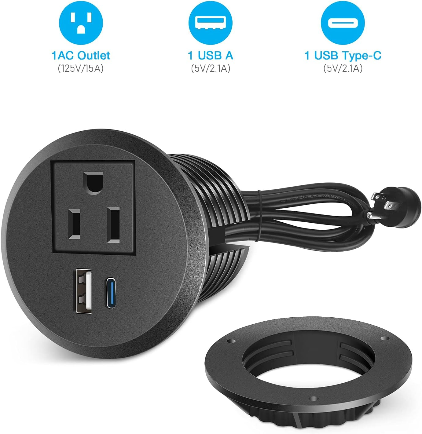 2 Inch Desk Power Grommet Outlet, Recessed Power Outlet with 20W USB-C Fast Char