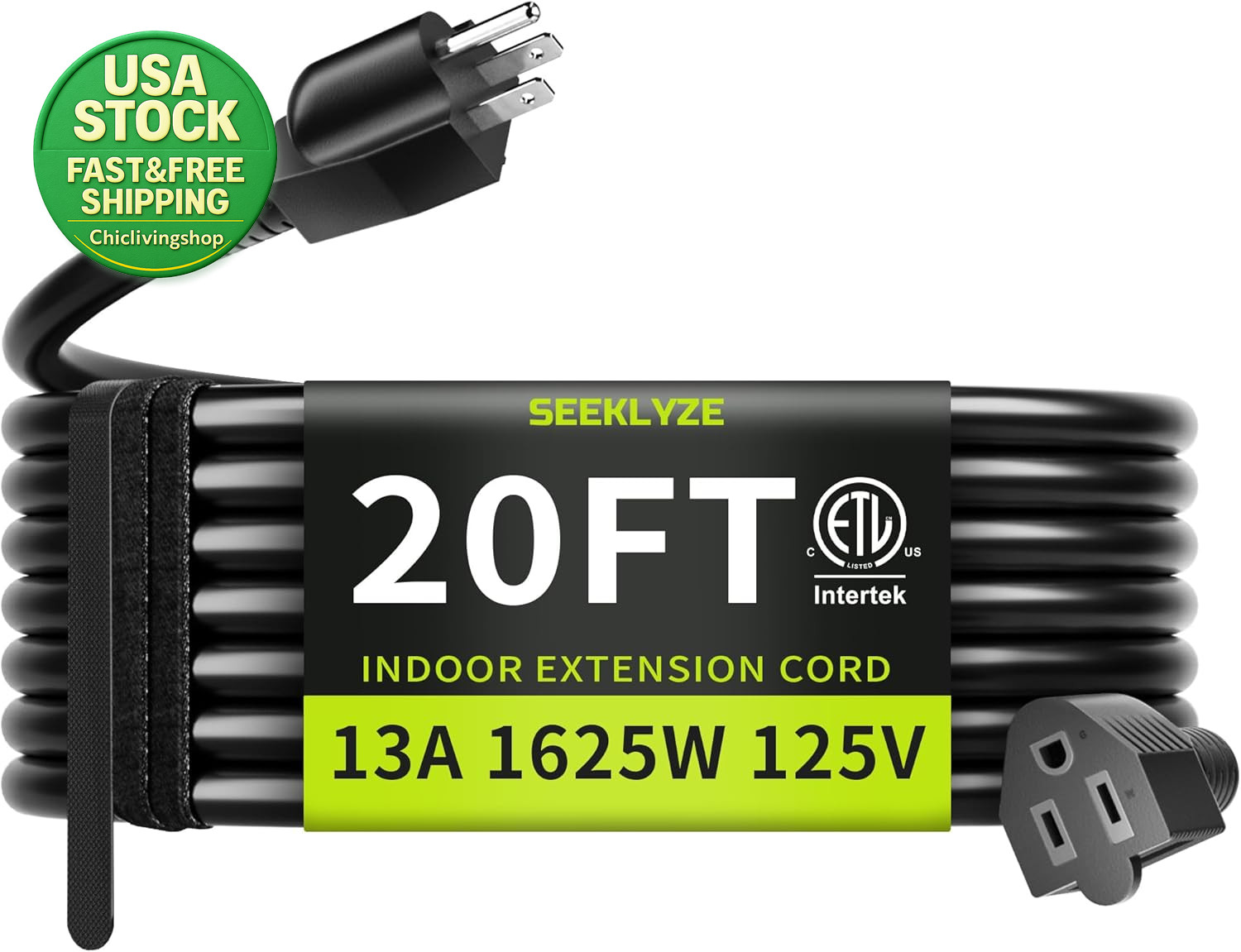 16 3 20FT Indoor Extension Cord Black 3 Prong 13A 125V ETL Listed Flexible