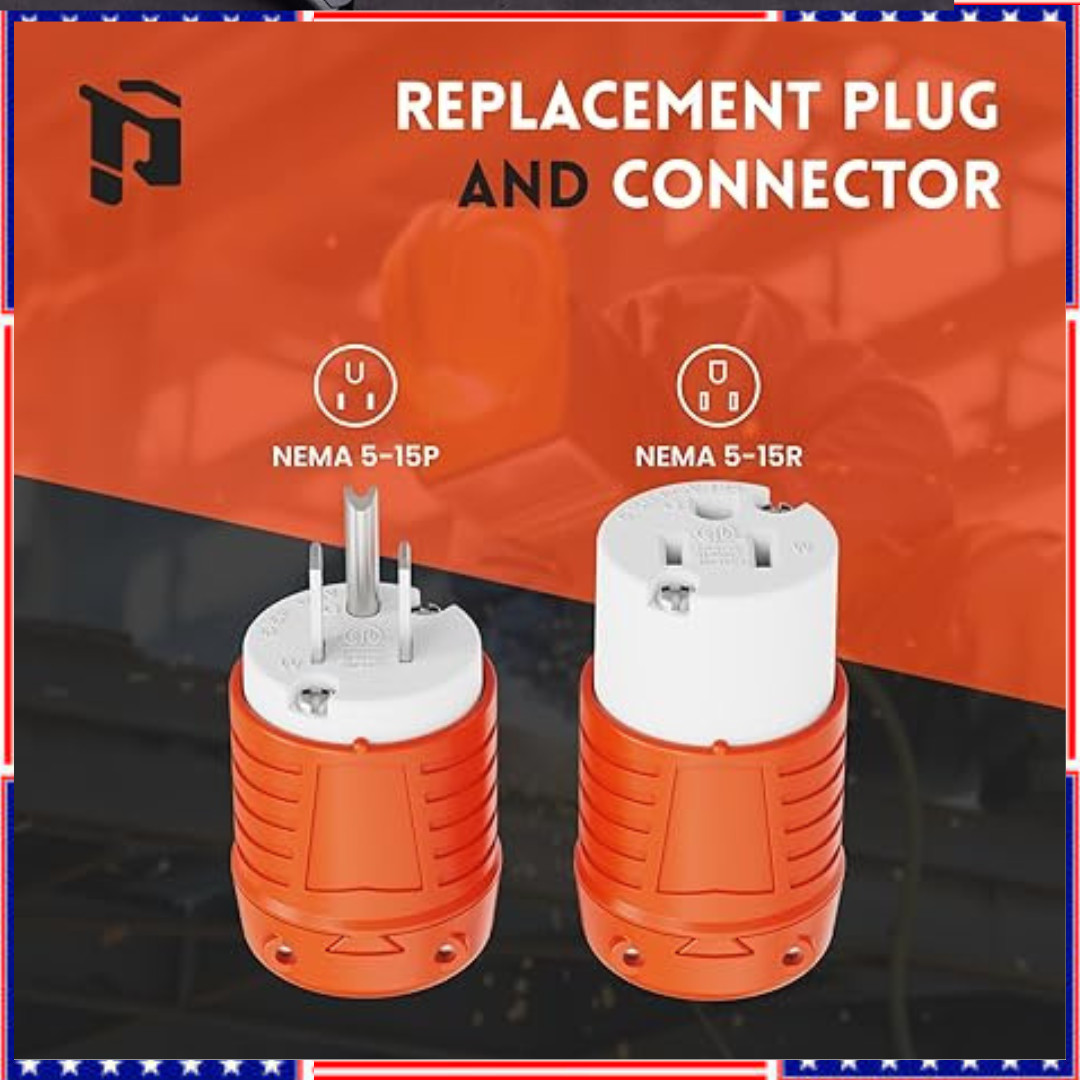 PLUGTUL Extension Cord Ends Male and Female Plug, 15 Amp 125 Volt Heavy Duty