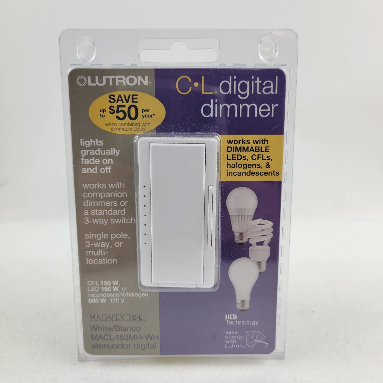 Lutron Maestro CL Digital Dimmer White Single Pole, 3-way – MACL-153MH-WH. New