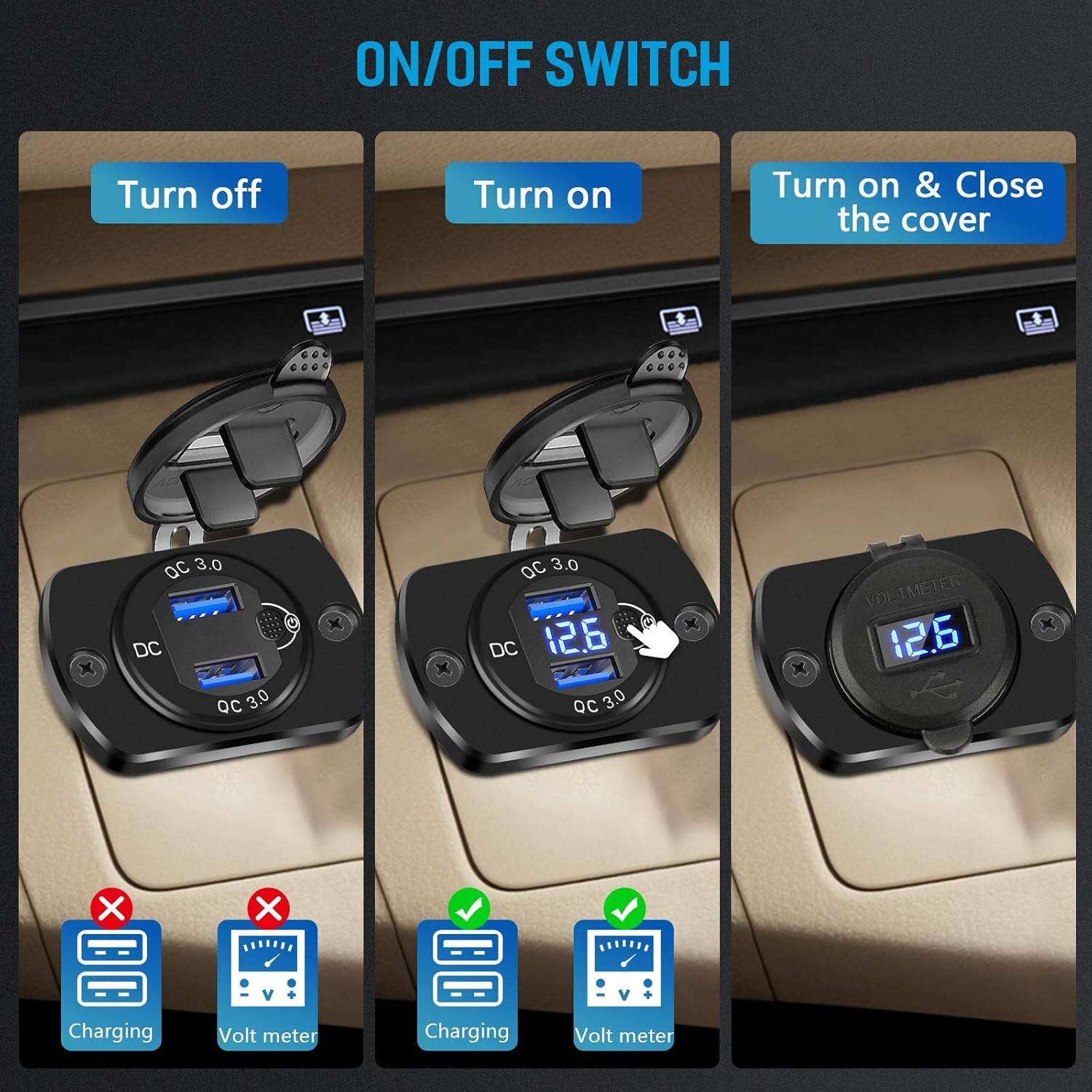Dual Fast Charging 12V USB Outlets with Voltmeter for Cars & Boats – Pack of 2