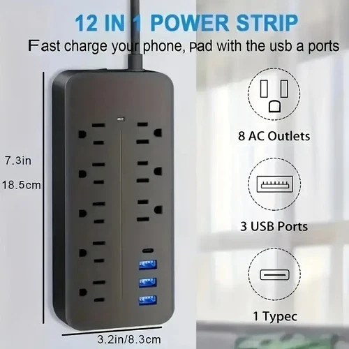 US Power Strip Surge Protector 8 AC Outlets 3 USB Ports + Type C Port 4 FT Cable