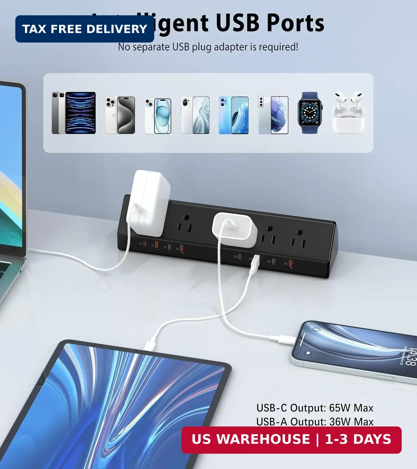 Desk Clamp Power Strip,Edge Mount,4 USB C,65W,1200J,Black | 4 USB-C Po