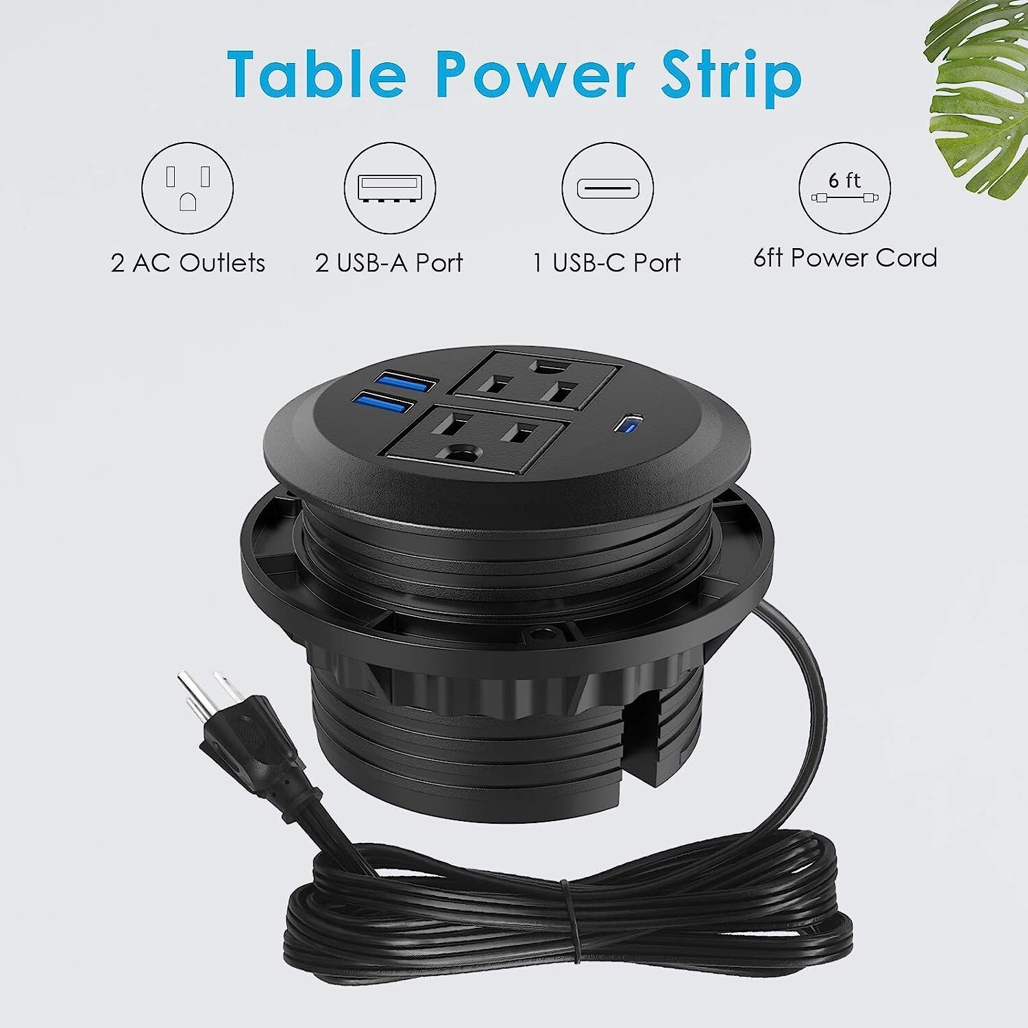 Desktop Power Grommet with 2 AC OUTLETS Fast Charging USB C, 2 USB A PORTS