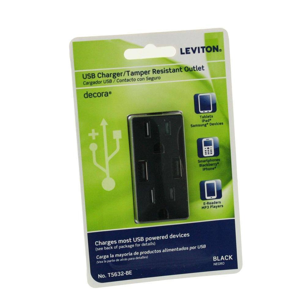 Leviton 3.6A USB Dual Type A Charger 15A Tamper-Resistant Outlets Black T5632-BE
