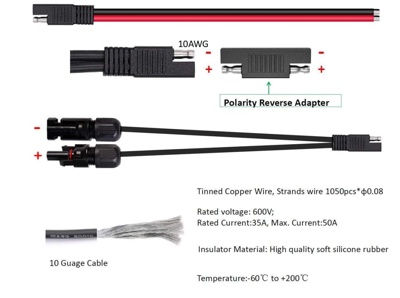High-Quality 10AWG Solar Connector Cable with SAE to MC-4 Compatibility – 13.8ft